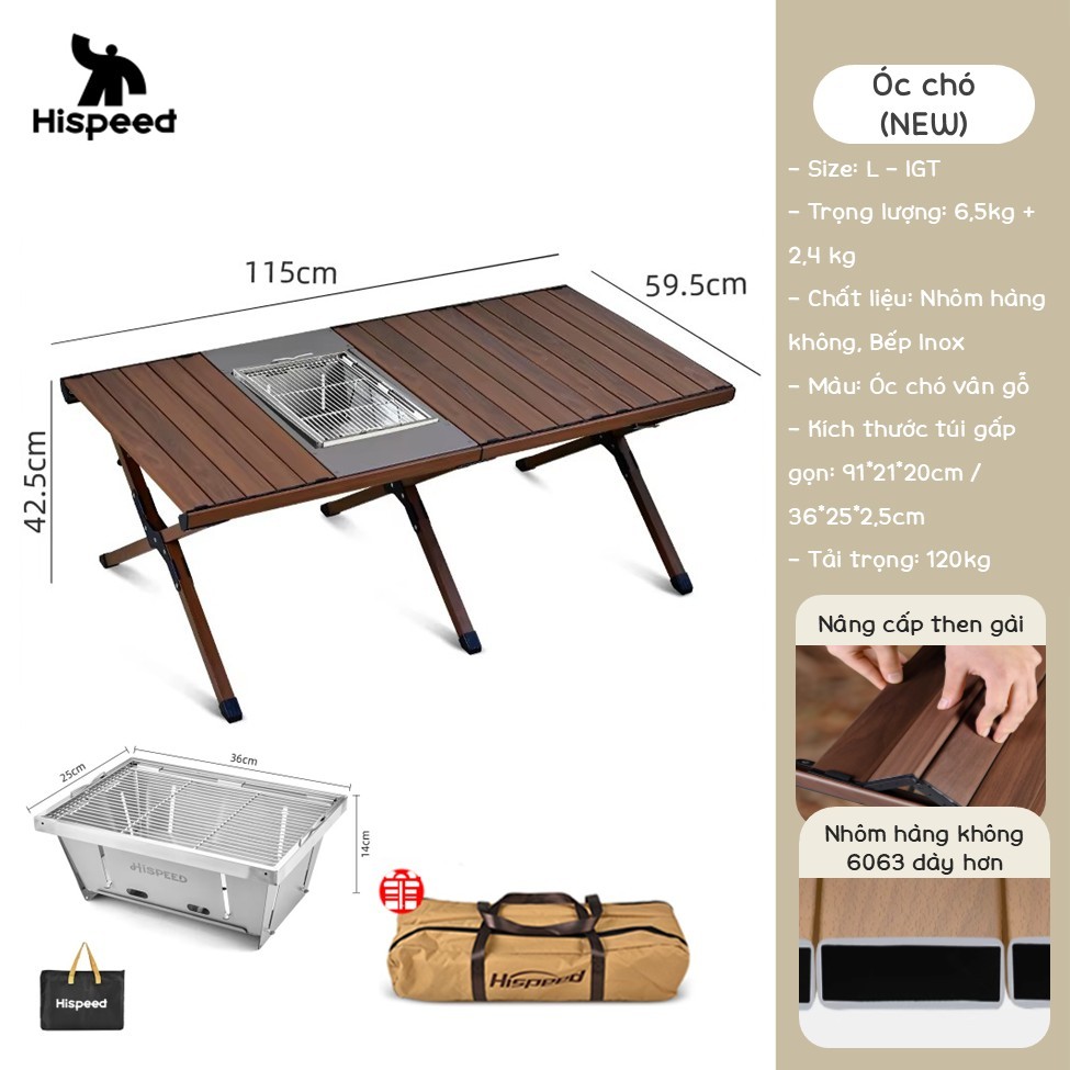 Bàn Cuộn IGT Bàn Cắm trại HISPEED Gấp Gọn vân gỗ Nhôm siêu nhẹ Cao Cấp in Thăng Hoa Nhiệt