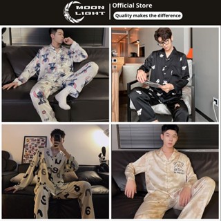 Bộ đồ ngủ tay dài Đồ ngủ nam Bộ Pijama vải lụa Statin in hoạt hình thời trang mùa thu đông