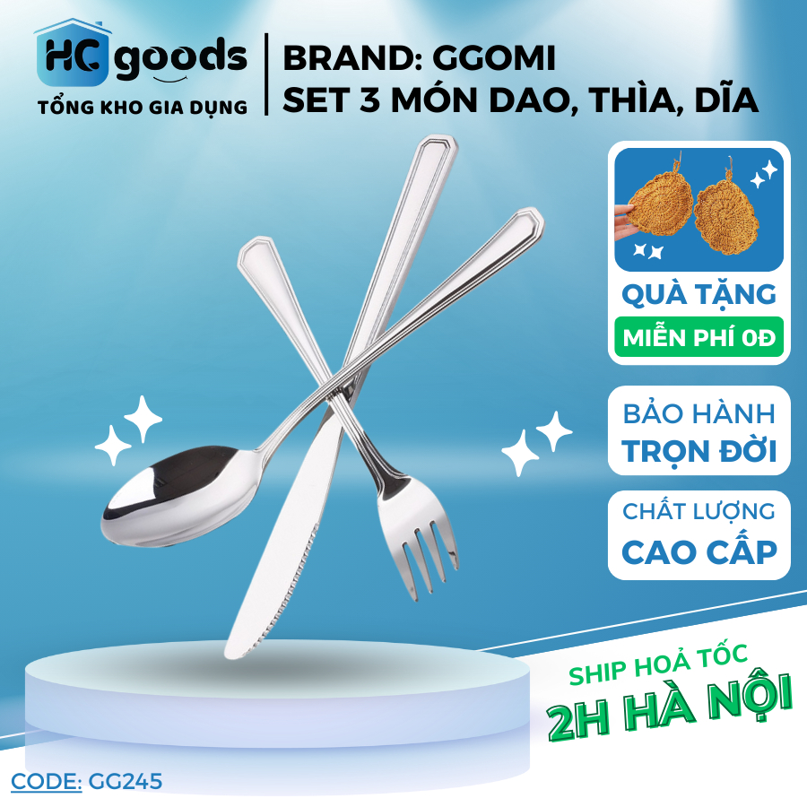 Set 3P bộ dao nĩa thìa ăn đồ Tây beefsteak GGOMI GG245 inox không gỉ cao cấp Hàn Quốc sáng bóng thíc