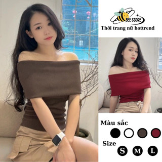  Áo kiểu nữ trễ vai tay ngắn dáng dài ôm body tôn  Áo bẹt vai tay cộc chất gân tăm dày dặn Bee Store 
