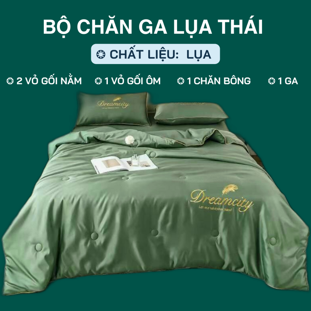Bộ Chăn Ga Gối Đệm Lụa Thái Phi Bóng Drap Giường  Cao Cấp Bo Chun Drap