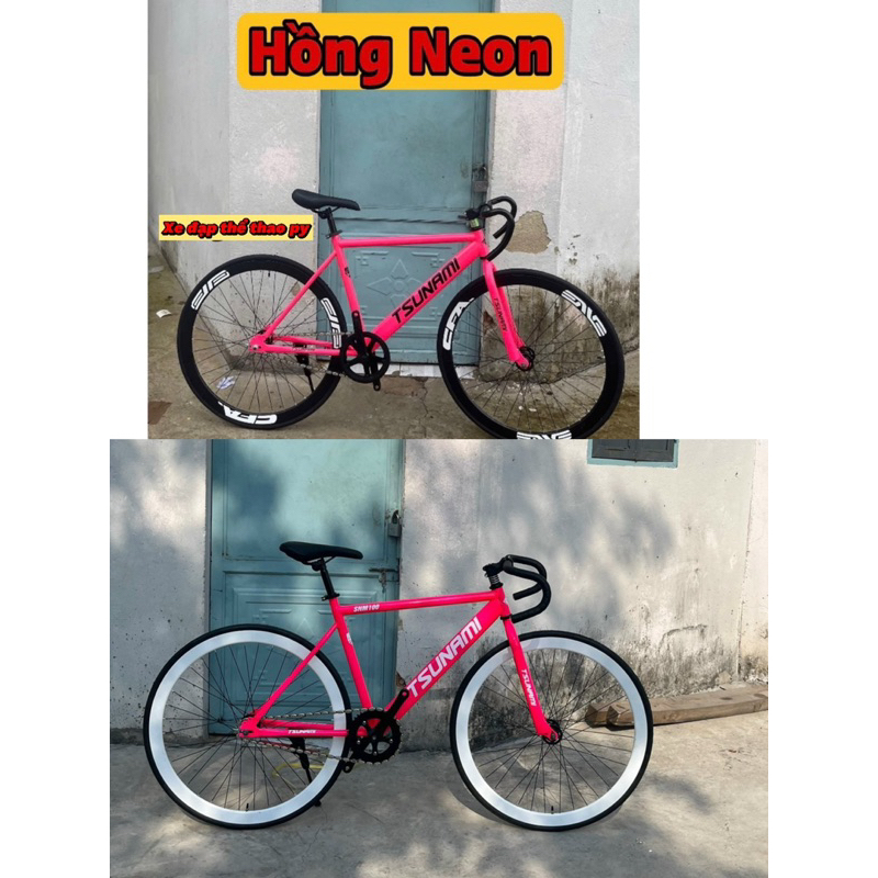 Xe Đạp Thể Thao Fixed Gear Và Single Tsunami Khung Thép Màu Hồng Neon Vành 4 Phân( Kèm Strap Và Đồ L