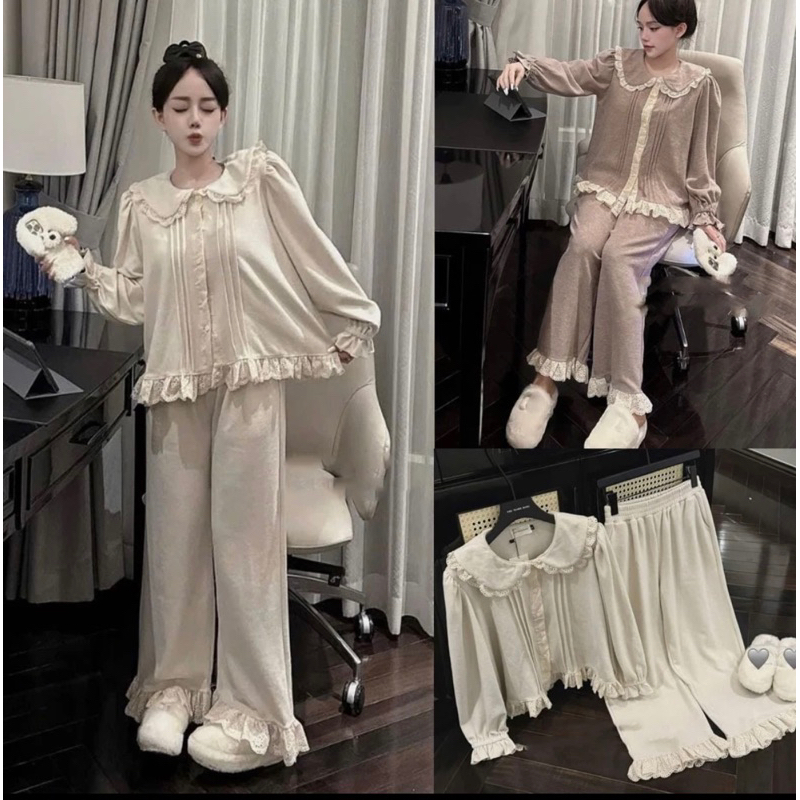 Set Bộ Nữ, Set Bộ Len Cổ Sen Nẹp Xếp Ly