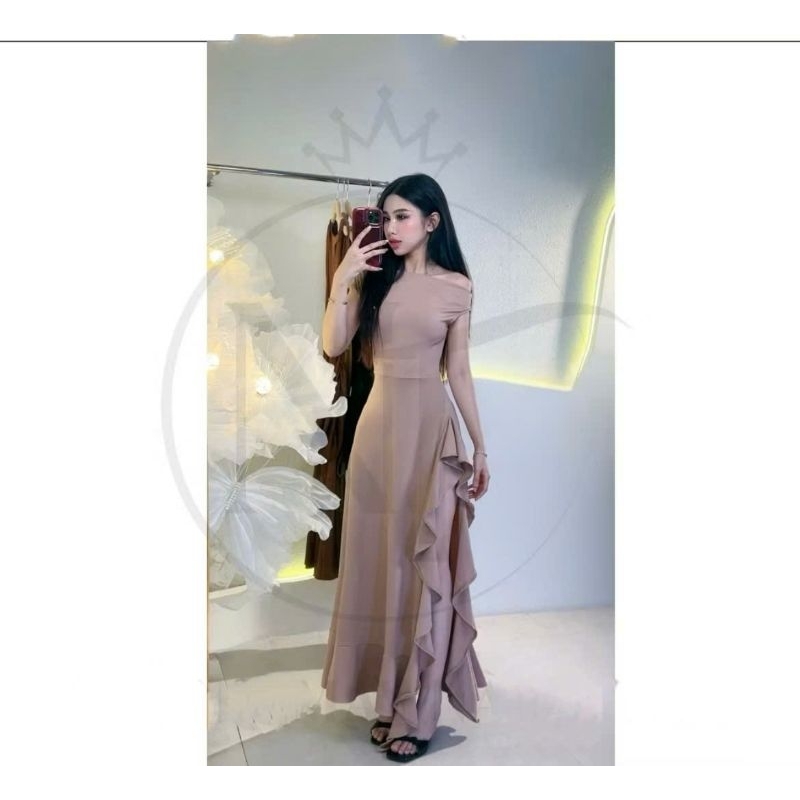 Đầm maxi thun lệch vai xẻ tà bèo viền tôn dáng cho nàng dự tiệc G008 | BigBuy360 - bigbuy360.vn