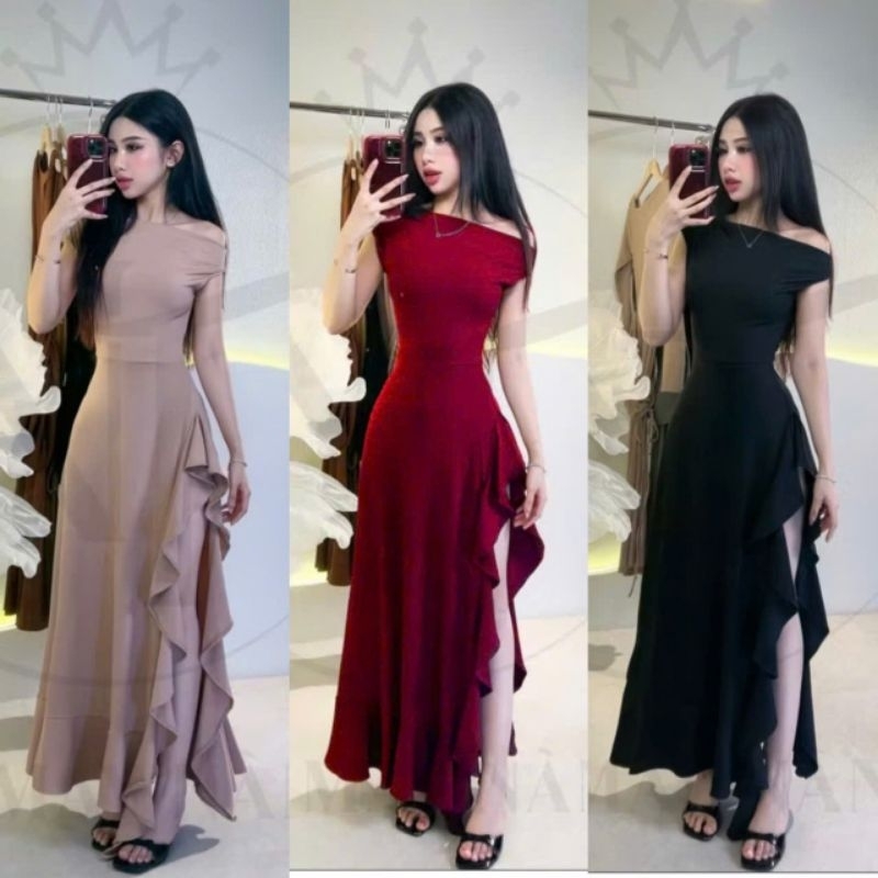 Đầm maxi thun lệch vai xẻ tà bèo viền tôn dáng cho nàng dự tiệc G008 | BigBuy360 - bigbuy360.vn