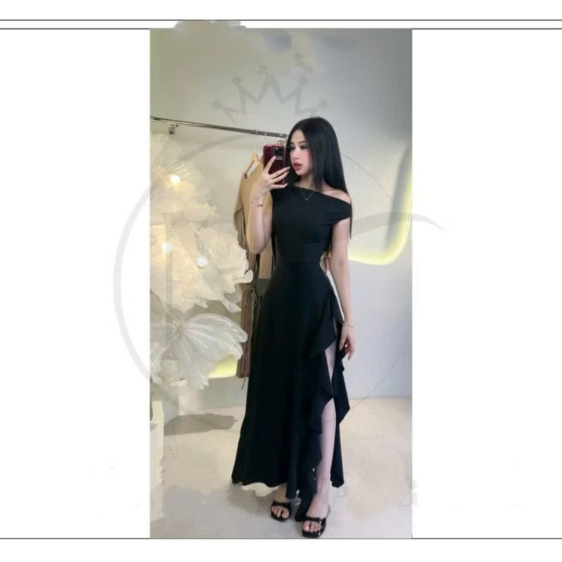 Đầm maxi thun lệch vai xẻ tà bèo viền tôn dáng cho nàng dự tiệc G008 | BigBuy360 - bigbuy360.vn