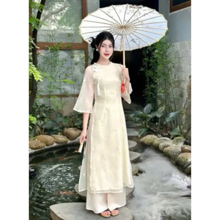  * Set bộ áo dài thiết kế mặc đi chơi lễ tết chất tơ cổ tròn thêu kèm phụ kiện dây tua tay lỡ xẻ lai quần latin ống rộng 