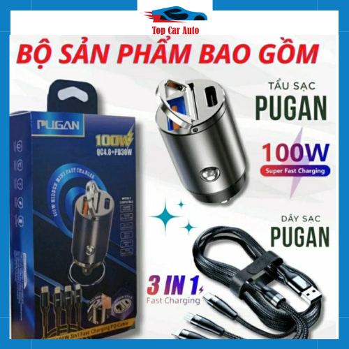 Tẩu sạc pugan 100w sạc ô tô siêu nhanh