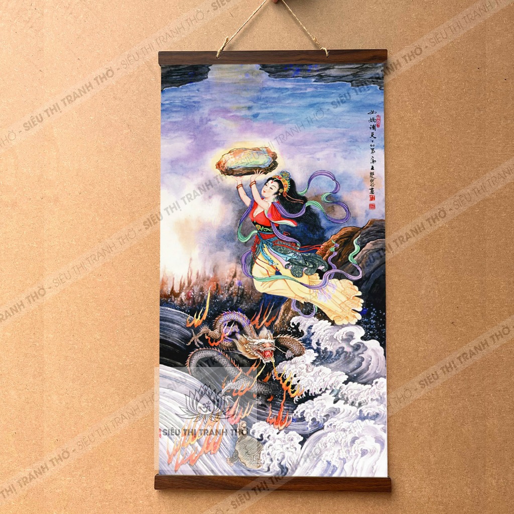 Tranh Nữ Oa Nương Nương Đội Đá Vá Trời nẹp gỗ 40x75cm treo tường bằng vải cao cấp dày dặn