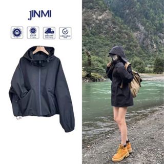 Áo Khoác Gió Nam Nữ  Jinmi 2 Lớp Màu Đen Áo Khoác Dù Có Mũ Chống Gió Chống Bụi Phong Cách Trẻ Trung Năng Động
