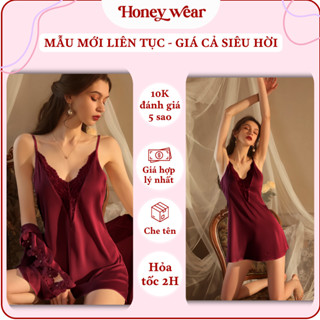   REN GỢI CẢM - FORM ĐỒNG HỒ  Váy Ngủ Lụa Phối Ren Hai Dây Xẻ Ngực Cổ V Hở Lưng Honey Wear Sang Trọng A103 