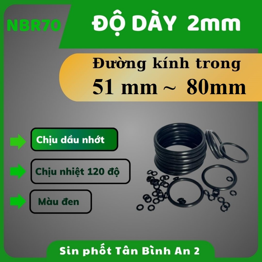 Oring N70 dày 2mm (lỗ trong từ 51mm đến 80mm) vòng đệm cao su chịu dầu chịu nhiệt