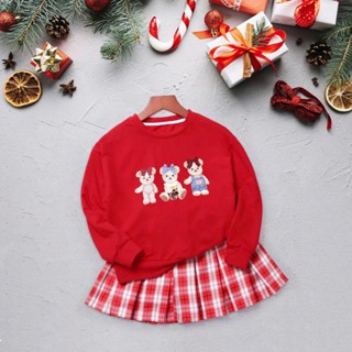 Set Váy Noel, Tết Chân Váy Caro Kèm Áo Dài Tay In Gấu Dễ Thương Bé Gái Nexxi