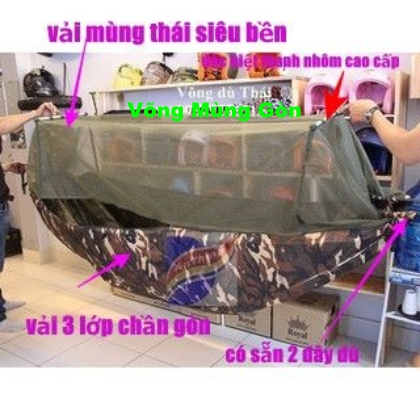 Võng 4 lớp dài 2m5 có mùng chống muỗi chần gòn (hoặc 3 lớp ko Có gòn) +4m dây +túi