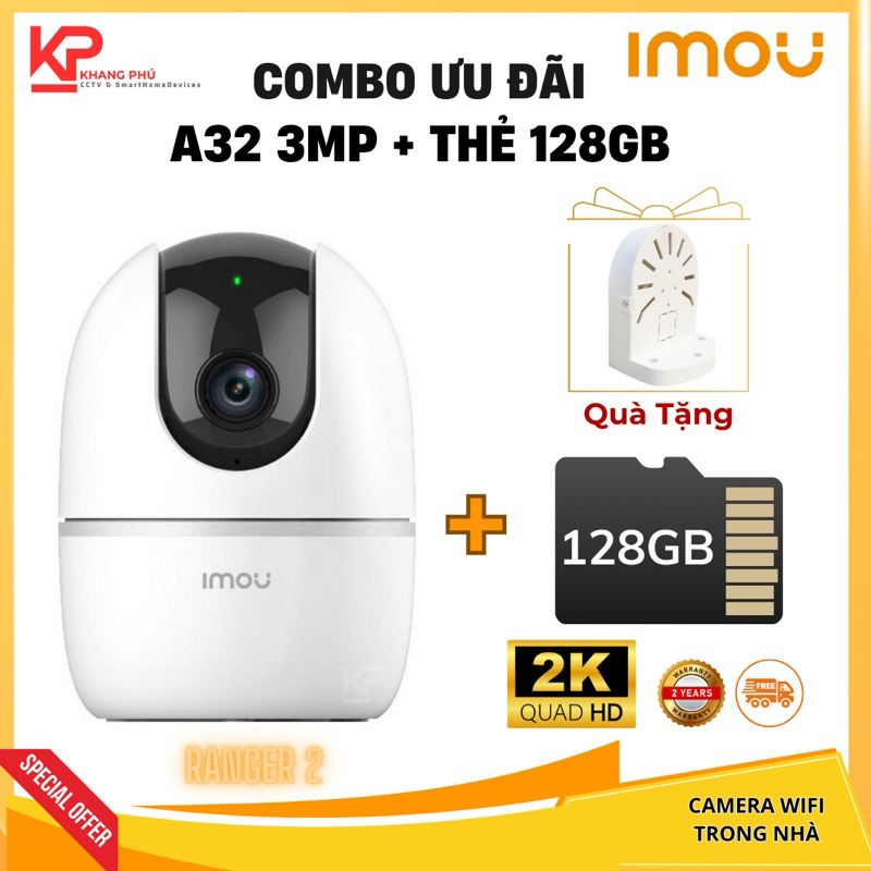 [Combo] Camera IMOU A32 3MP Ranger 2 + Thẻ nhớ 128GB Tặng Chân Đế L - Camera trong nhà chính hãng