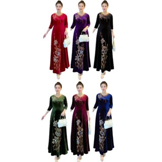 Đầm nhung trung niên đi tiệc hoa tường vy ép đá cổ sóng nước hoa vai size lớn 75kg, Đầm nhung trung niên đi tiệc cho mẹ