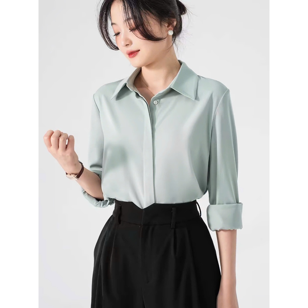 Áo Sơ Mi Lụa Kiểu Dấu Cúc Tay Dài Phong Cách Hàn Quốc, Áo Sơ Mi Trắng Cổ Đức Form Rộng Hàng Thiết Kế CHANMINU A16 | BigBuy360 - bigbuy360.vn