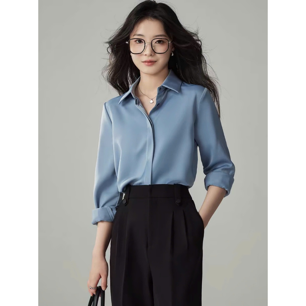 Áo Sơ Mi Lụa Kiểu Dấu Cúc Tay Dài Phong Cách Hàn Quốc, Áo Sơ Mi Trắng Cổ Đức Form Rộng Hàng Thiết Kế CHANMINU A16 | BigBuy360 - bigbuy360.vn