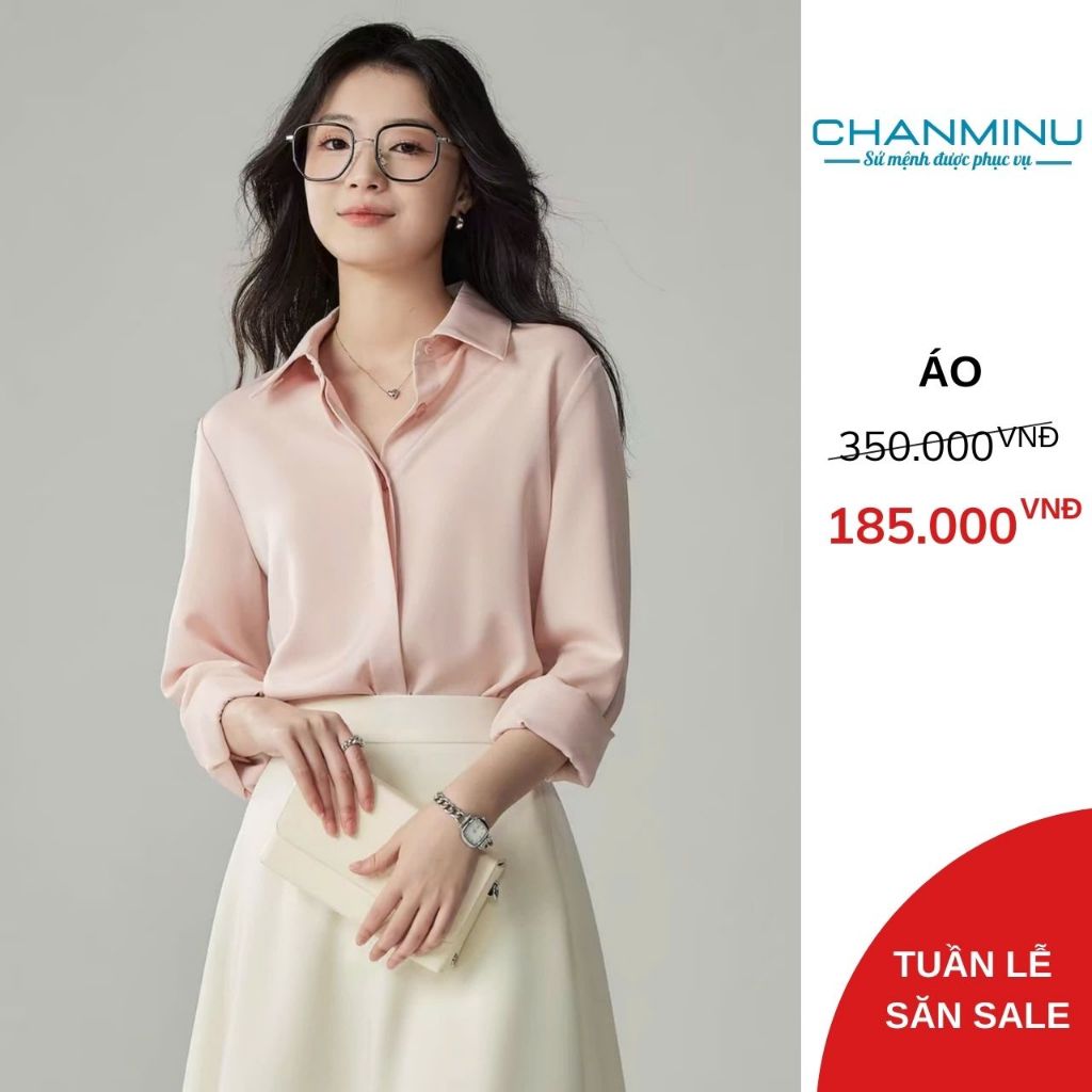 Áo Sơ Mi Lụa Kiểu Dấu Cúc Tay Dài Phong Cách Hàn Quốc, Áo Sơ Mi Trắng Cổ Đức Form Rộng Hàng Thiết Kế CHANMINU A16