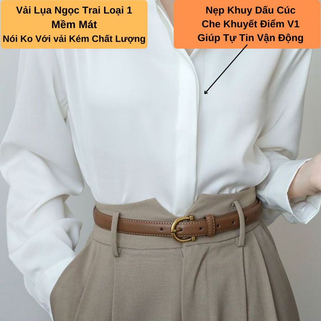 Áo Sơ Mi Lụa Kiểu Dấu Cúc Tay Dài Phong Cách Hàn Quốc, Áo Sơ Mi Trắng Cổ Đức Form Rộng Hàng Thiết Kế CHANMINU A16 | BigBuy360 - bigbuy360.vn