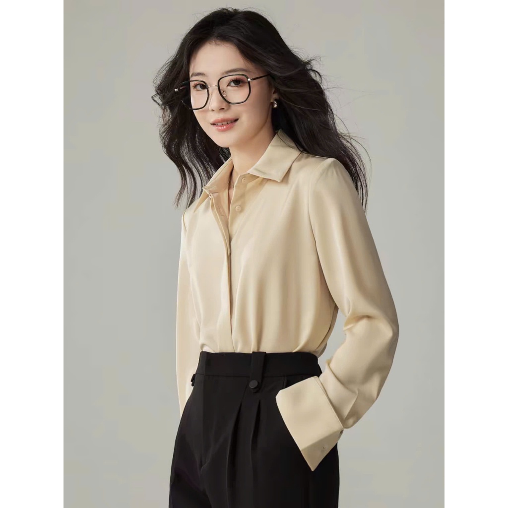 Áo Sơ Mi Lụa Kiểu Dấu Cúc Tay Dài Phong Cách Hàn Quốc, Áo Sơ Mi Trắng Cổ Đức Form Rộng Hàng Thiết Kế CHANMINU A16 | BigBuy360 - bigbuy360.vn