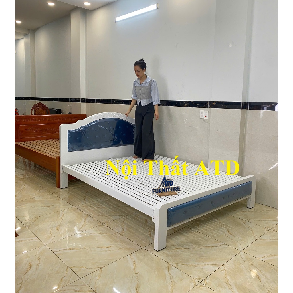 Giường sắt 1m8x2m giường sắt hộp cao cấp 5x10- Màu trắng sang trọng