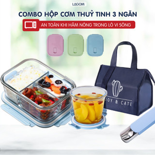   Kèm Túi Thìa Đũa  Hộp Cơm Thuỷ Tinh 3 Ngăn & Hộp Canh | Hộp Cơm Văn Phòng Kèm Thìa Đũa | Lagom 