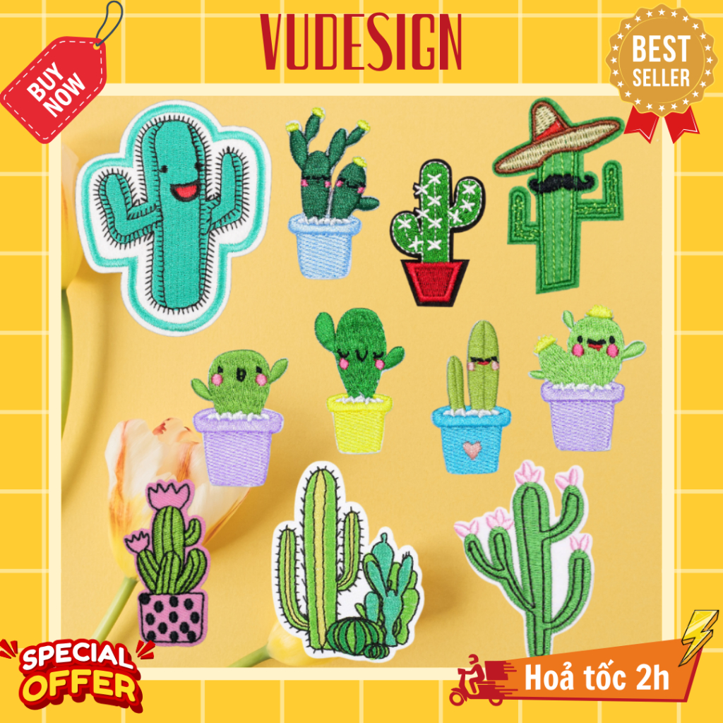 Sticker Vải, Sticker Ủi Thêu Quần Áo, Balo Hình Cây Xương Rồng Nở Hoa Catus Xanh Lá Vudesign
