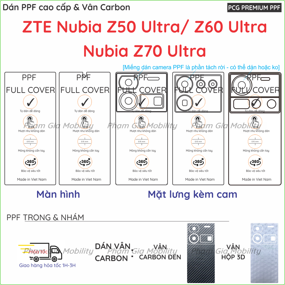 Dán PPF & Vân Carbon ZTE nubia Z50 Ultra/ Z60 Ultra/ Z70 Ultra dành cho màn hình, mặt lưng loại tron