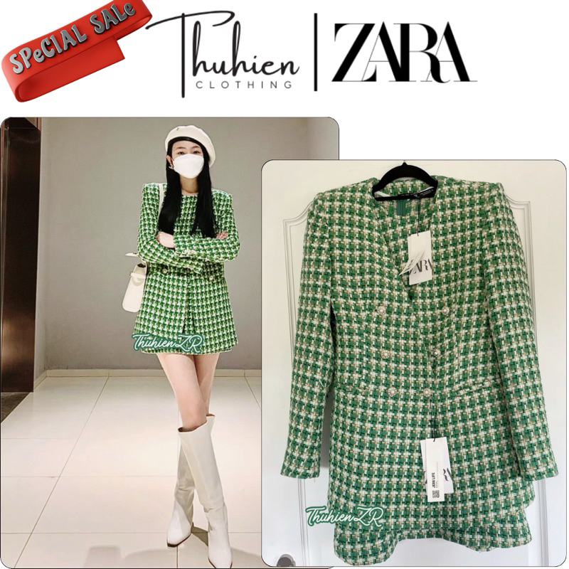 THUHIENZR(sẵn XS)Set ZARA 8541/122; 8776/122 xanh cốm sợi tròn khuy đá kèm váy(kèm ảnh thật)
