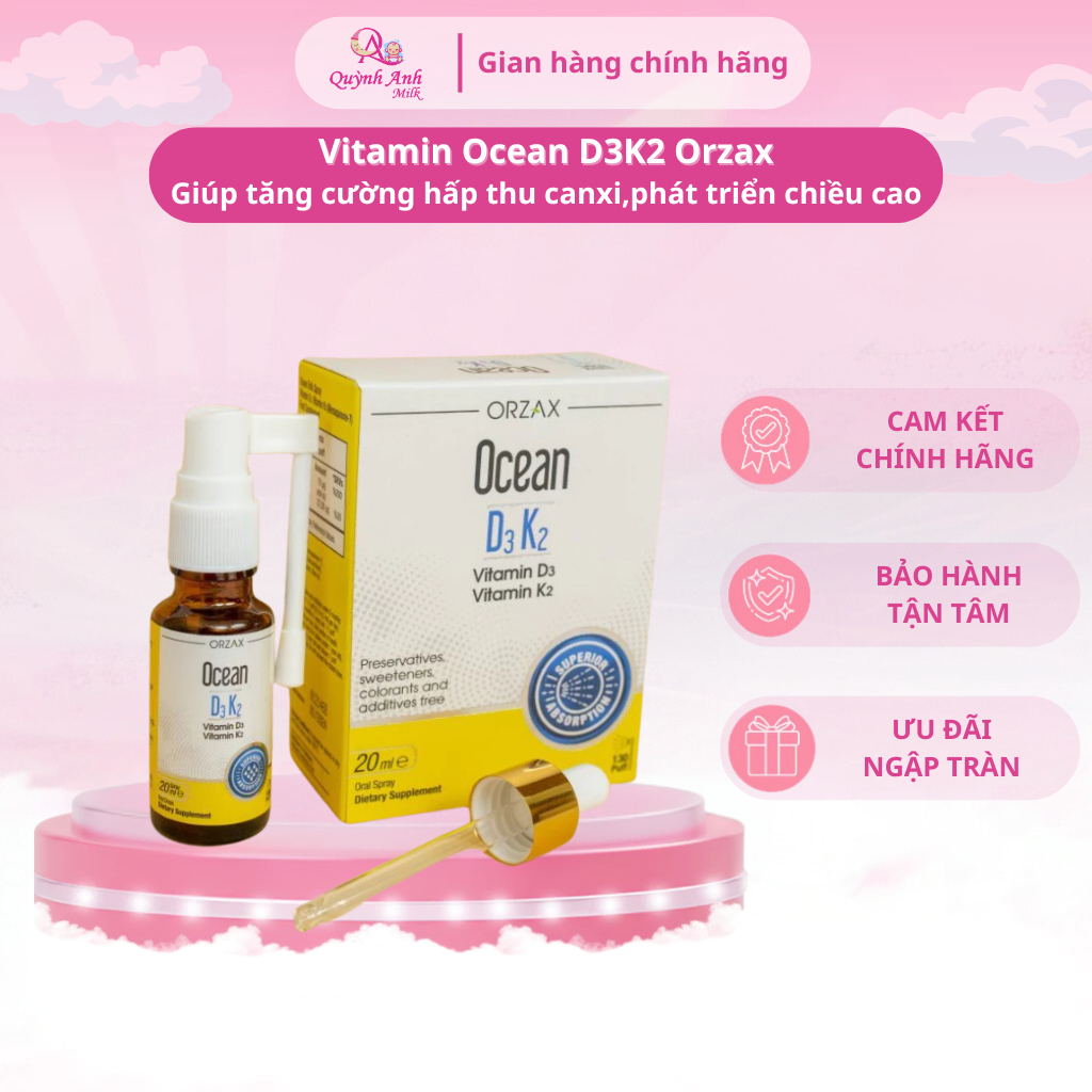 Vitamin Ocean D3K2 Orzax dạng xịt & nhỏ giọt, bổ sung giúp tăng cường hấp thu canxi,phát triển chiều