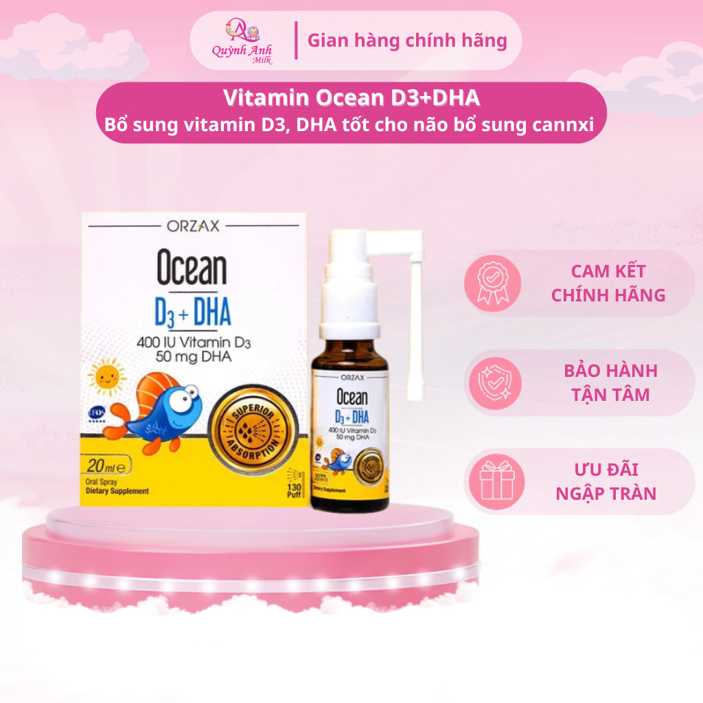 Vitamin Ocean D3+DHA dạng xịt bổ sung vitamin D3 giúp tăng cường hấp thu canxi, bổ sung DHA tốt cho 