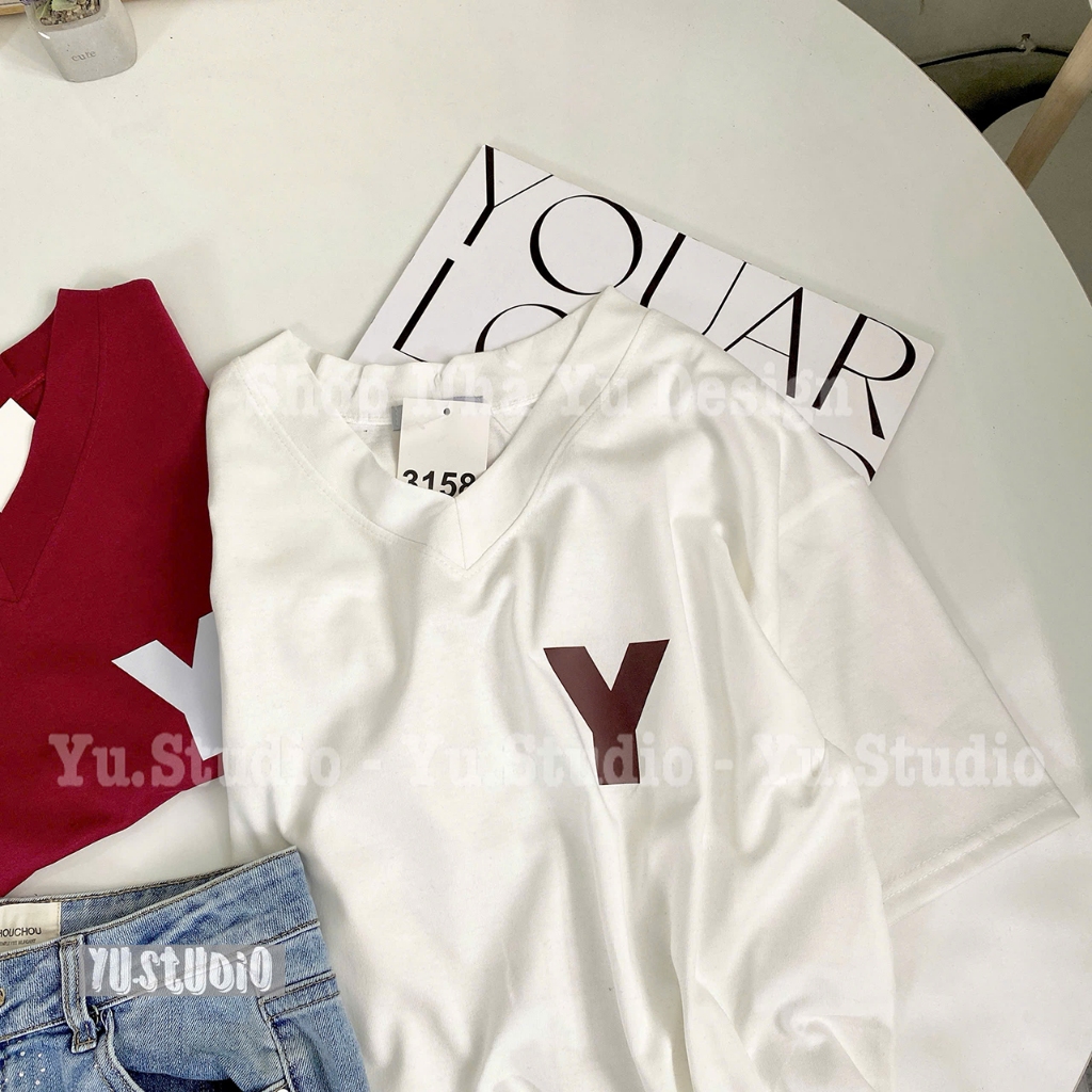 Áo thun 3158 YUSTUDIO cotton khô form rộng Cổ Tim 3158 mẫu chữ Y