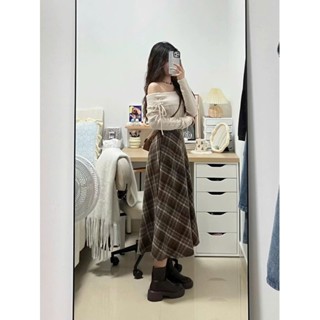 (HÀNG SẴN) Chân váy dạ mỏng midi kẻ sọc xòe dài điệu đà vintage Hàn Quốc hàng Quảng Châu loại 1