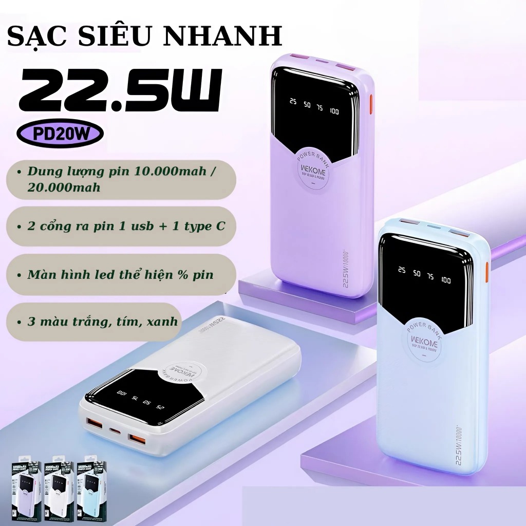 Sạc dự phòng siêu nhanh Wekome 22.5w có màn hình LED kèm 2 dây sạc dung lượng 10000mah/20000mah
