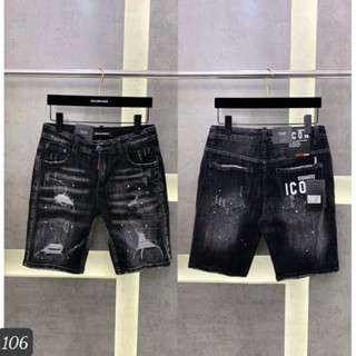 Quần short jean nam DSQ xám vá gối da đen rách xước phong cách thời trang