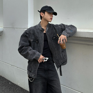 Áo Khoác Jacket Jean GODMOTHER Form Rộng Áo Khoác Denim Cổ Tàu Basic Phối Khoá Kéo Ngực Menswear