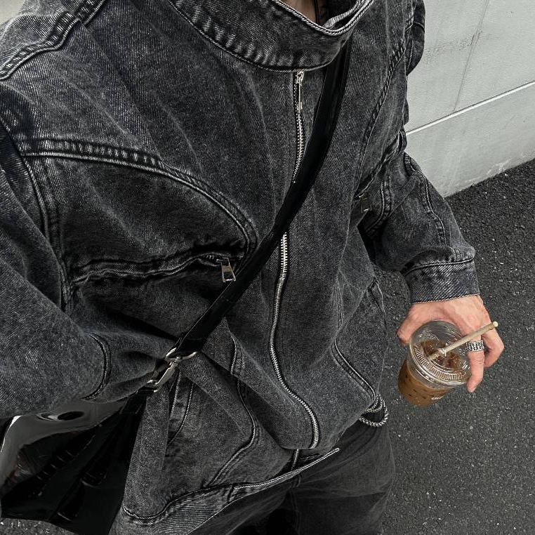 Áo Khoác Jacket Jean GODMOTHER Form Rộng Áo Khoác Denim Cổ Tàu Basic Phối Khoá Kéo Ngực Menswear | BigBuy360 - bigbuy360.vn