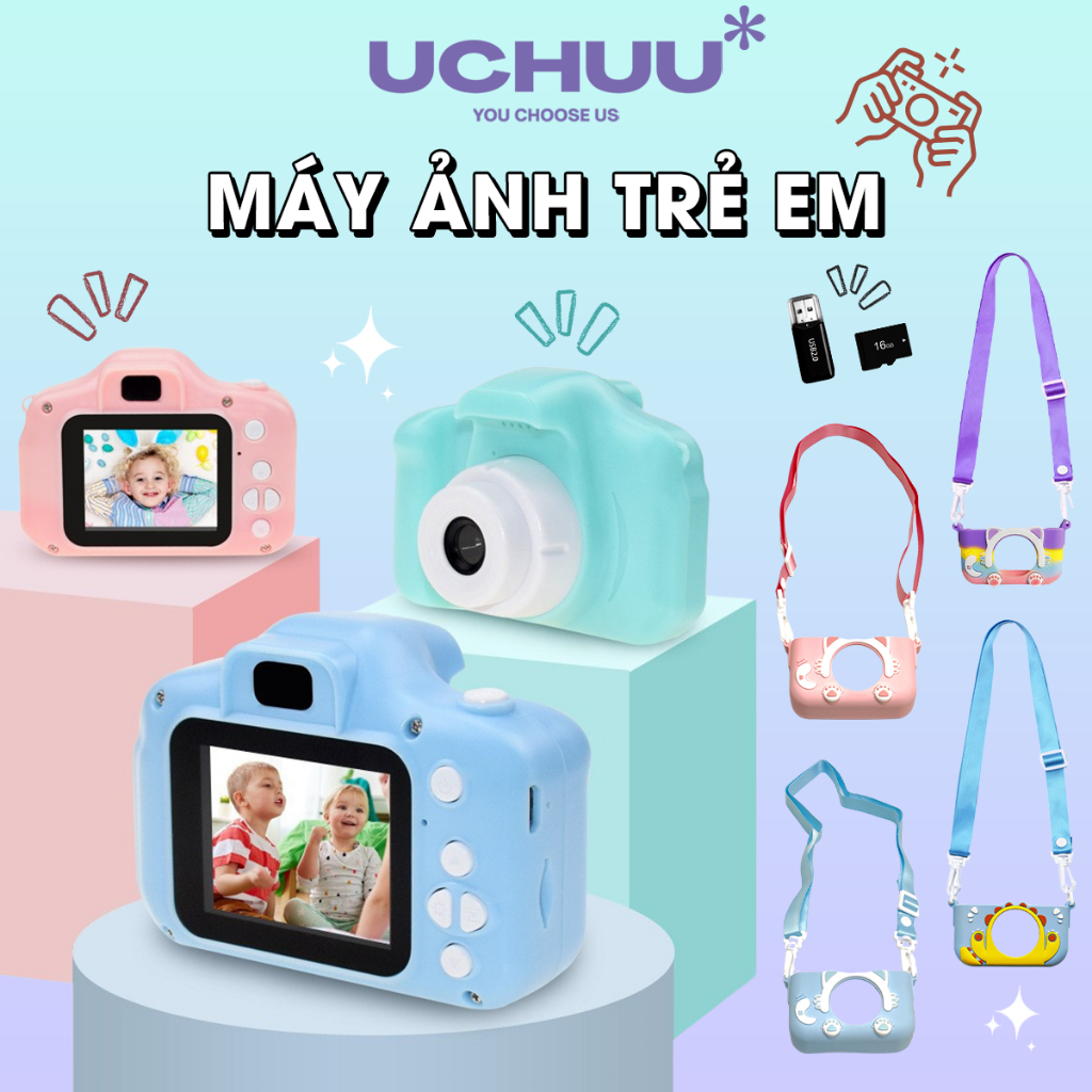 Máy Ảnh Trẻ Em UCHUU, Máy Ảnh Kỹ Thuật Số Mini Cho Bé Quay Video Chơi Game Có Thể Sạc 8MP HD
