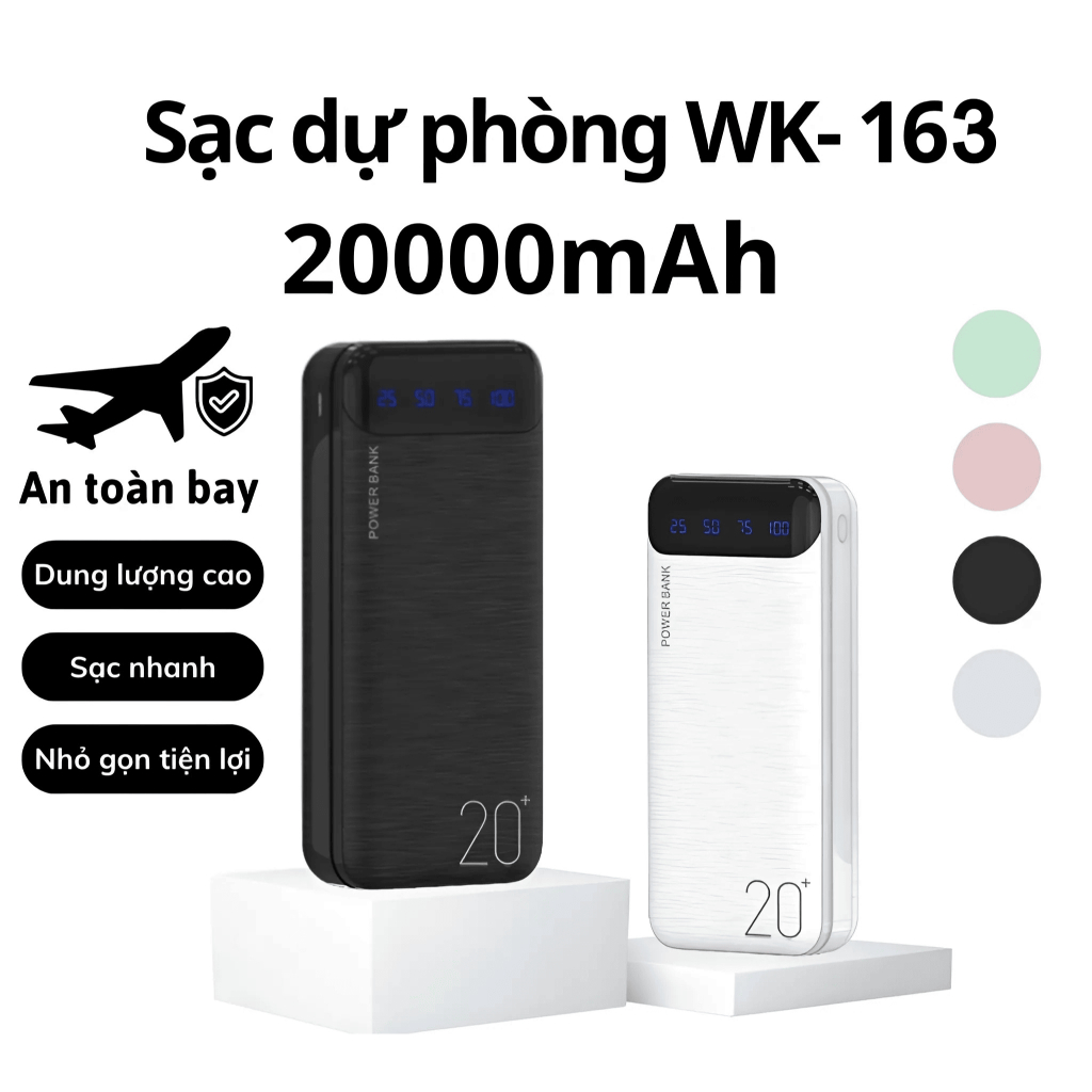 Sạc dự phòng Wekome, pin dự phòng sạc nhanh 20000 mAh WP-163 tích hợp màn hình LED hiển thị