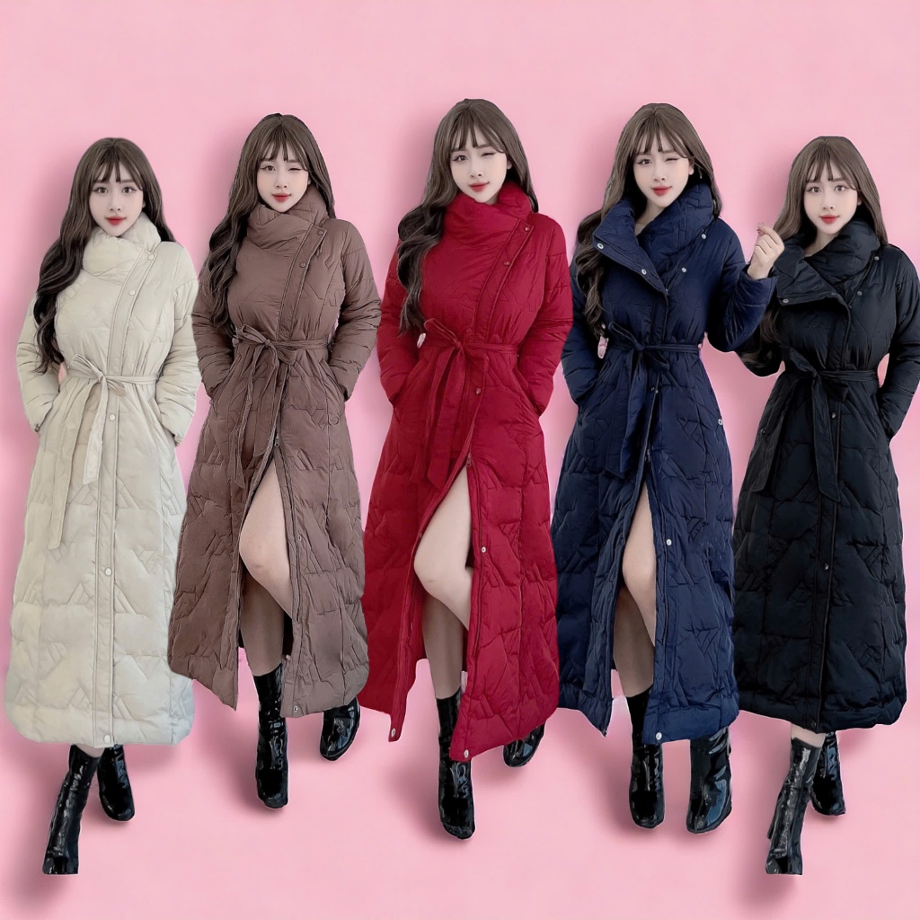 G9110 Áo Khoác Phao Nữ Siêu Nhẹ Dáng Dài Qua Gối Dày Ấm Phối Cổ Khăn