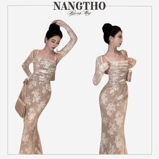  312 Set Ren Thiết Kế Kèm Khoác Mỏng Che Khuyết Điểm Chất Ren 2 Lớp Nữ Women Dress 