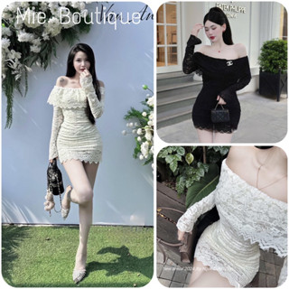 Váy Ren Nhung Trễ Vai Ôm Body Dáng Ngắn Kèm Tag Đá Sang Chảnh