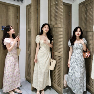 JOLIN | NOAH DRESS - Đầm dài hoa nhí tông vintage tay phồng ngực xếp nhún cực tôn dáng