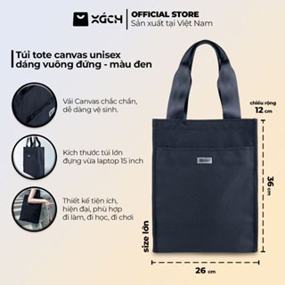 Túi tote canvas unisex dáng vuông đứng chính hãng XáchTM màu đen size lớn - Đựng vừa laptop 15 inch