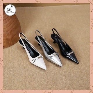  Giày sandal cao gót mũi nhọn tag kim loại ngang da lì bóng-5cm-3 màu-THAO CLOVER-XJ-520-2 
