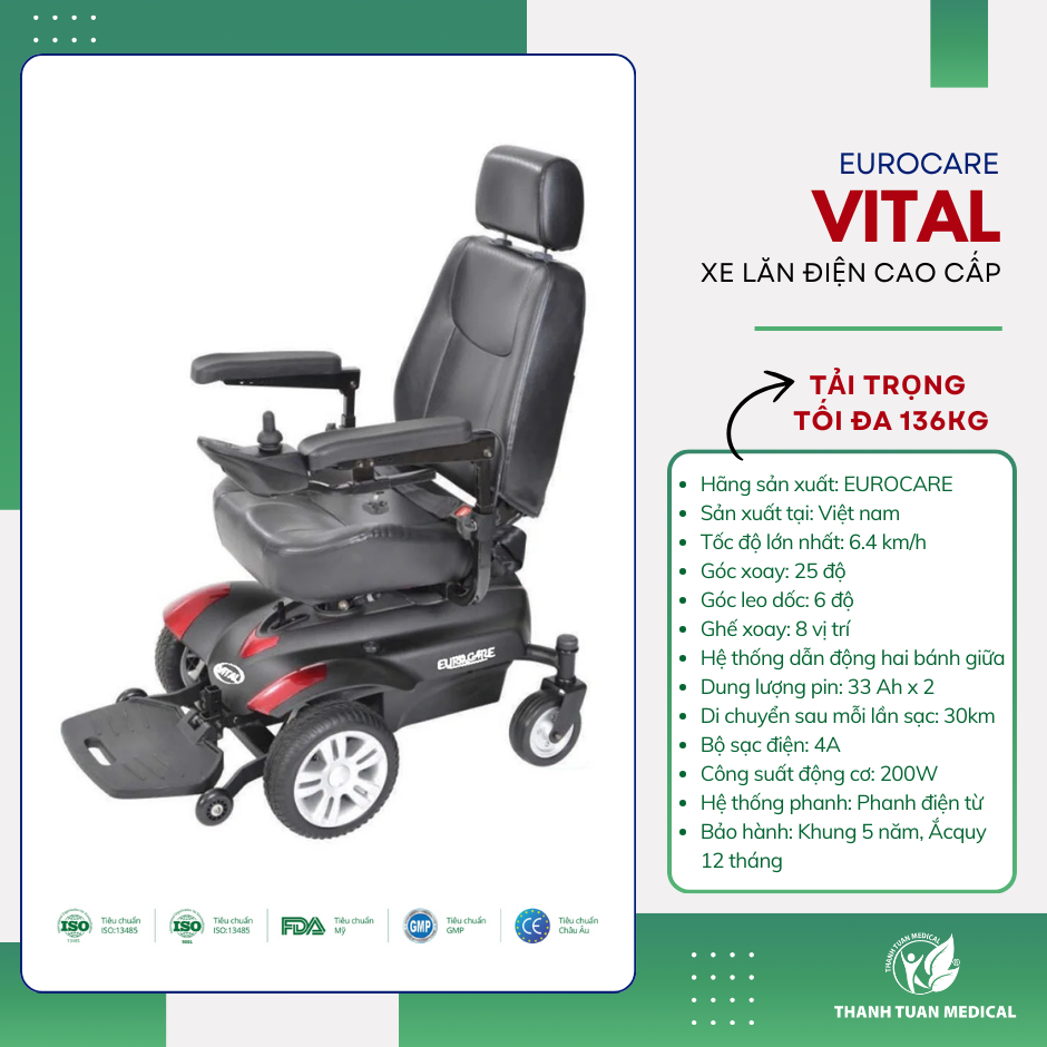 Xe lăn điện EuroCare Vital di chuyển 30km/lần sạc - Cần điều khiển 360 độ dễ dàng di chuyển, gấp gọn