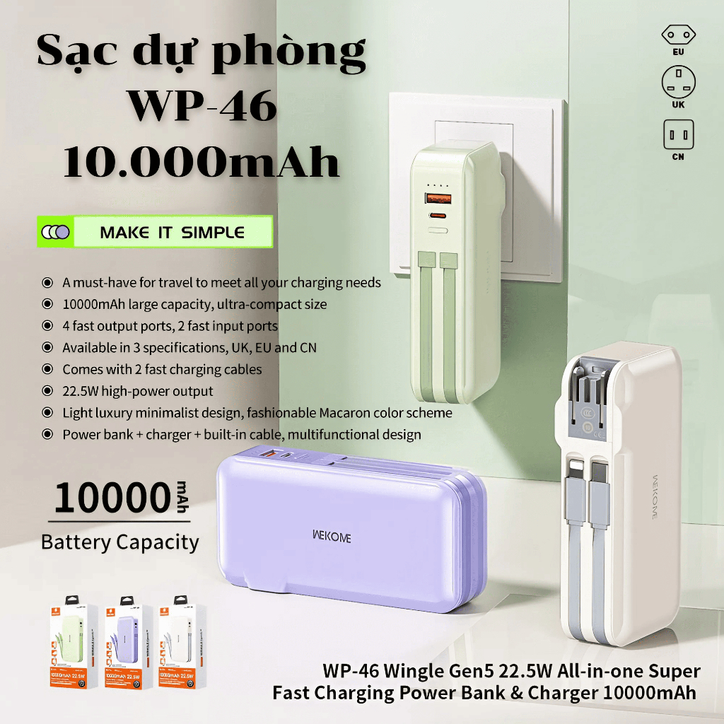 Sạc dự phòng Wekome, pin sạc dự phòng 10000mAh WP-46 hỗ trợ sạc nhanh tích hợp phích cắm tiện lợi