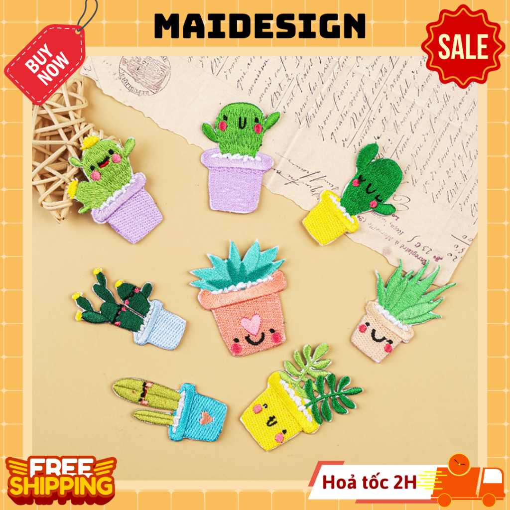 Patch ủi quần áo hình thêu vải dán balo túi mũ giày dép Hình Xương Rồng Catus Nở Hoa Xanh Lá Sa Mạc 