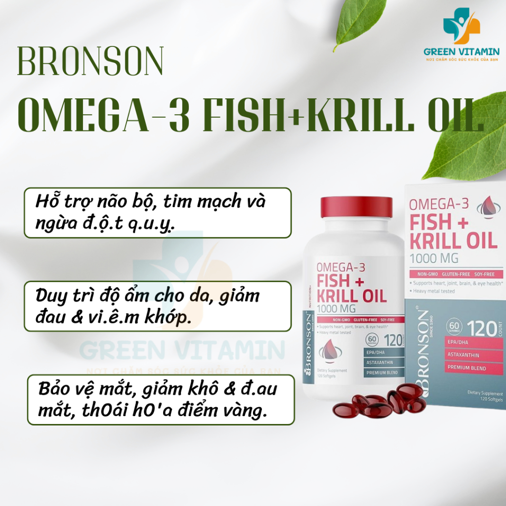 Viên Uống Dầu Nhuyễn Thể Hỗ Trợ Sức Khỏe Tim Mạch, Bổ Mắt Bronson Omega-3 Fish + Krill Oil 1000mg